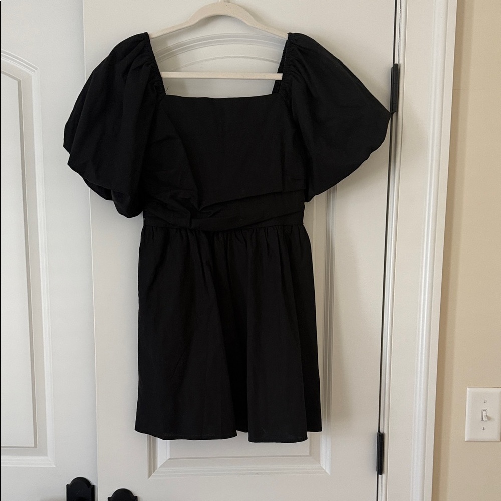 Petal & Pup Black Puff-Sleeve Square Neck Mini Dress